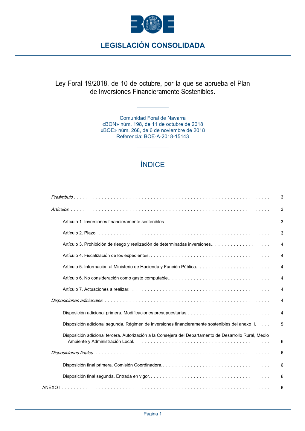 Ley Foral 19/2018, De 10 De Octubre, Por La Que Se Aprueba El Plan De Inversiones Financieramente Sostenibles