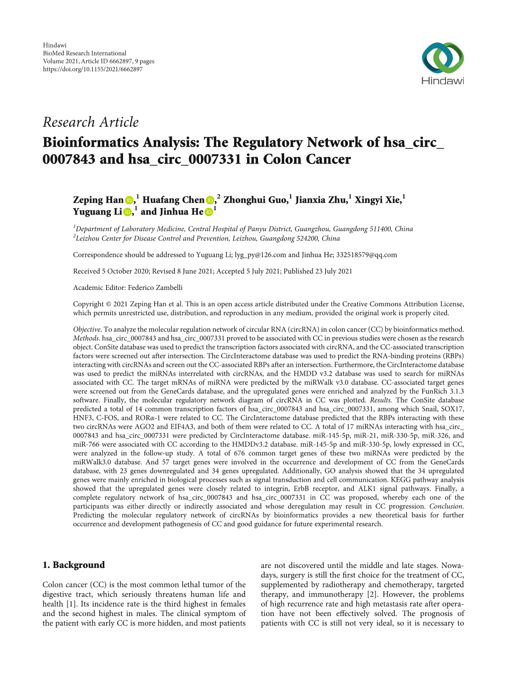 Bioinformatics Analysis: the Regulatory Network of Hsa Circ 0007843 and Hsa Circ 0007331 in Colon Cancer
