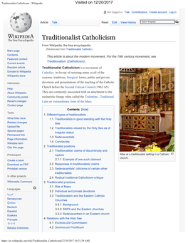 Traditionalist Catholicism - Wikipedia Visited on 12/20/2017