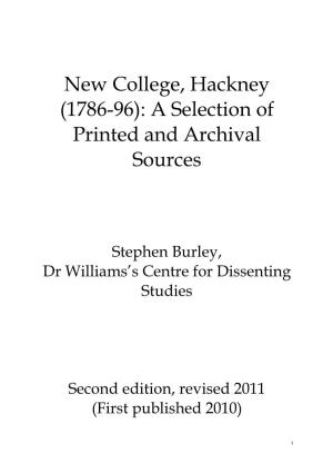 New College, Hackney (1786-96): a Selection of Printed and Archival Sources
