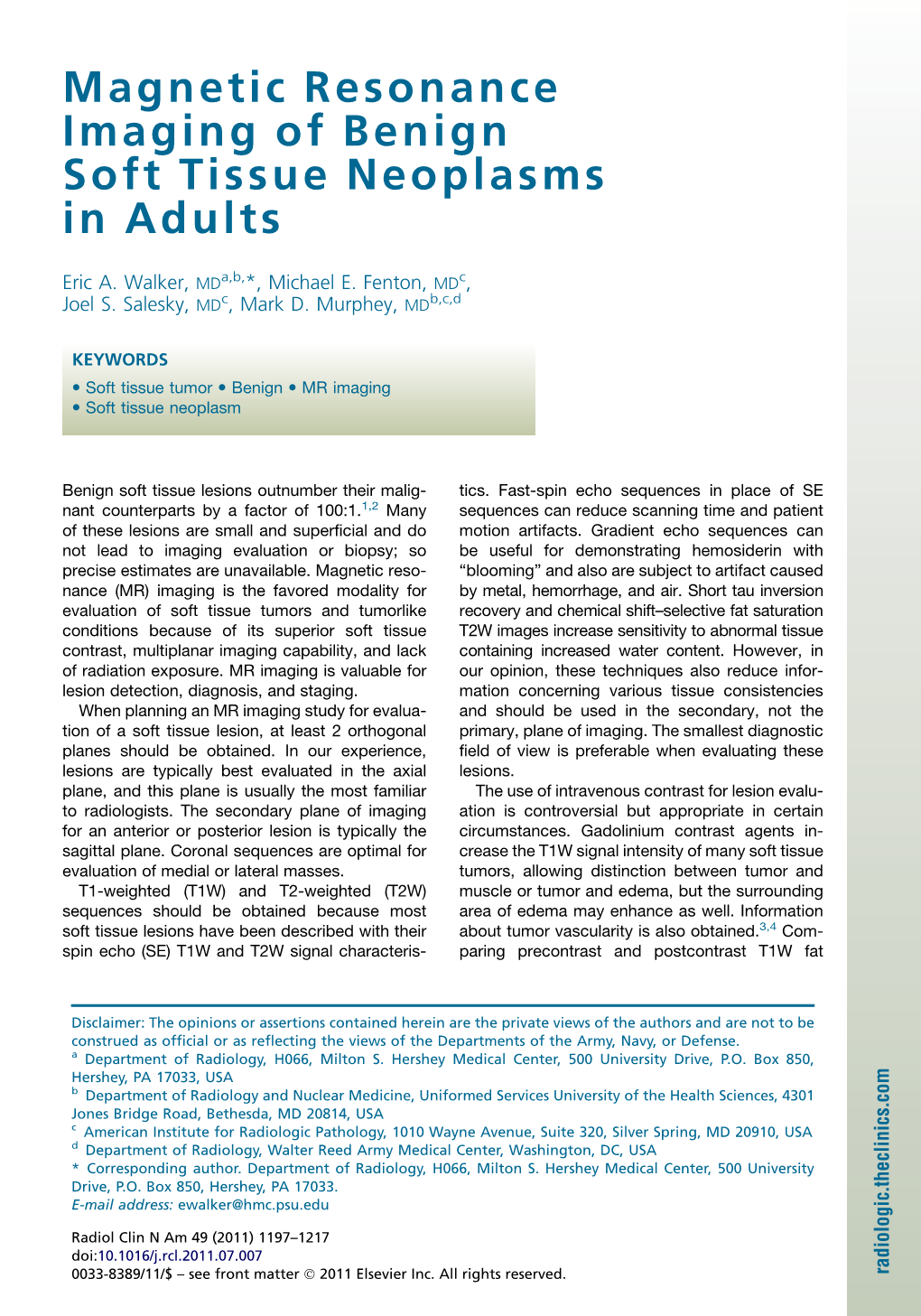 Magnetic Resonance Imaging of Benign Soft Tissue Neoplasms in Adults