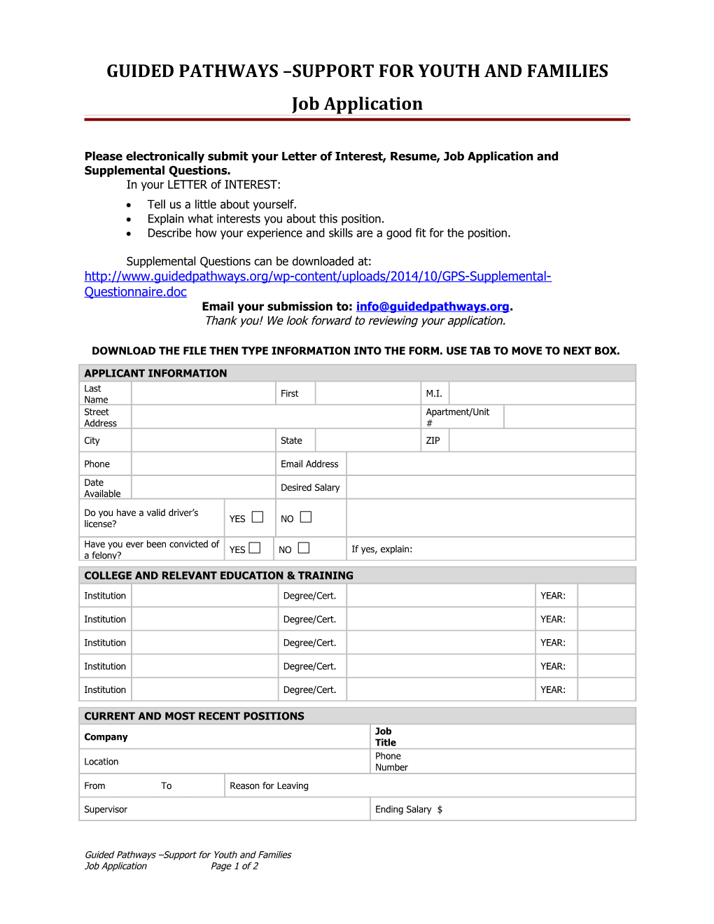 GUIDED PATHWAYS SUPPORT for YOUTH and FAMILIES Job Application