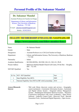 Personal Profile of Dr. Sukumar Mandal