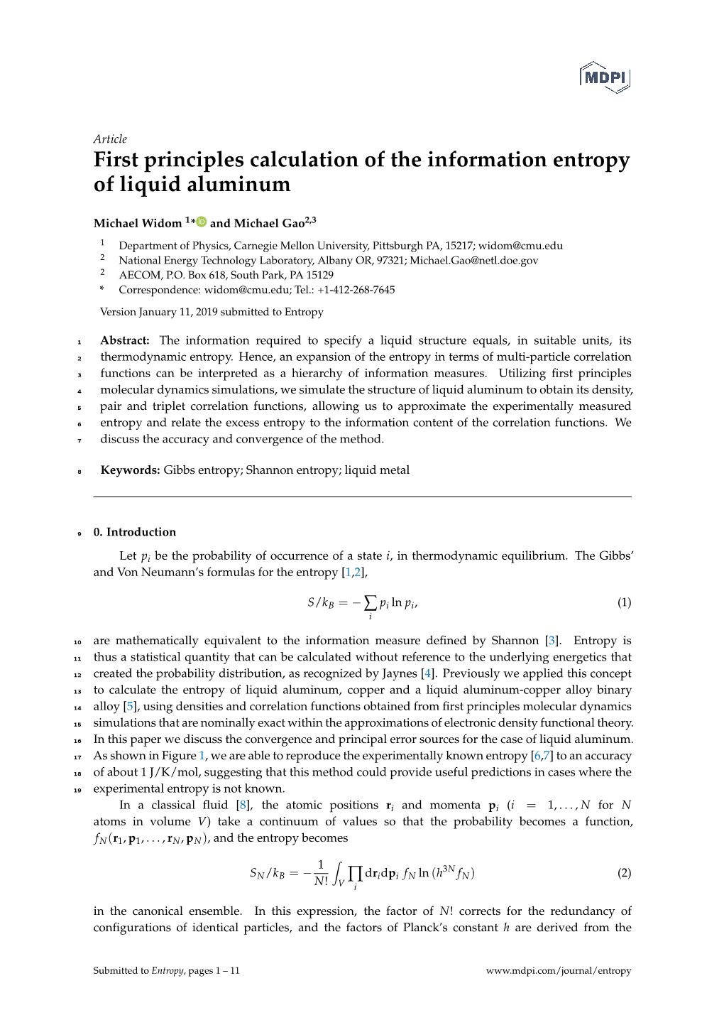 First Principles Calculation of the Information Entropy of Liquid Aluminum
