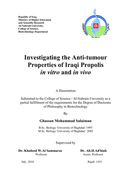 Investigating the Anti-Tumour Properties of Iraqi Propolis in Vitro and in Vivo