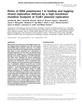 Roles of DNA Polymerase I in Leading and Lagging- Strand Replication Defined by a High-Resolution Mutation Footprint of Cole1 Plasmid Replication Jennifer M