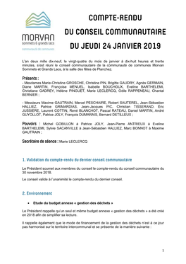 Compte-Rendu Du Conseil Communautaire Du Jeudi 24 Janvier 2019