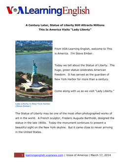 1 Learningenglish.Voanews.Com | Voice of America | March 17, 2014 a Century Later, Statue of Liberty Still Attracts Millions