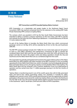 PR072/19 28 November 2019 NRT Consortium and MTR Awarded