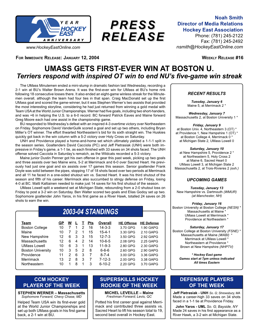 Weekly Release #16 Umass Gets First-Ever Win at Boston U