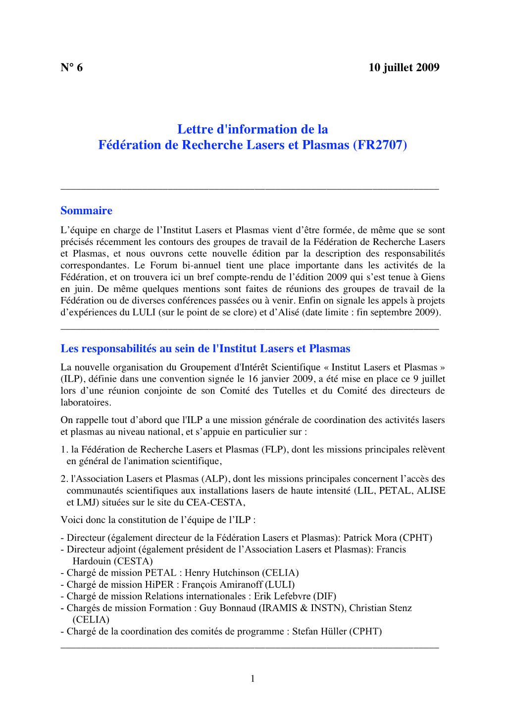 Lettre D'information De La Fédération De Recherche Lasers Et Plasmas (FR2707)