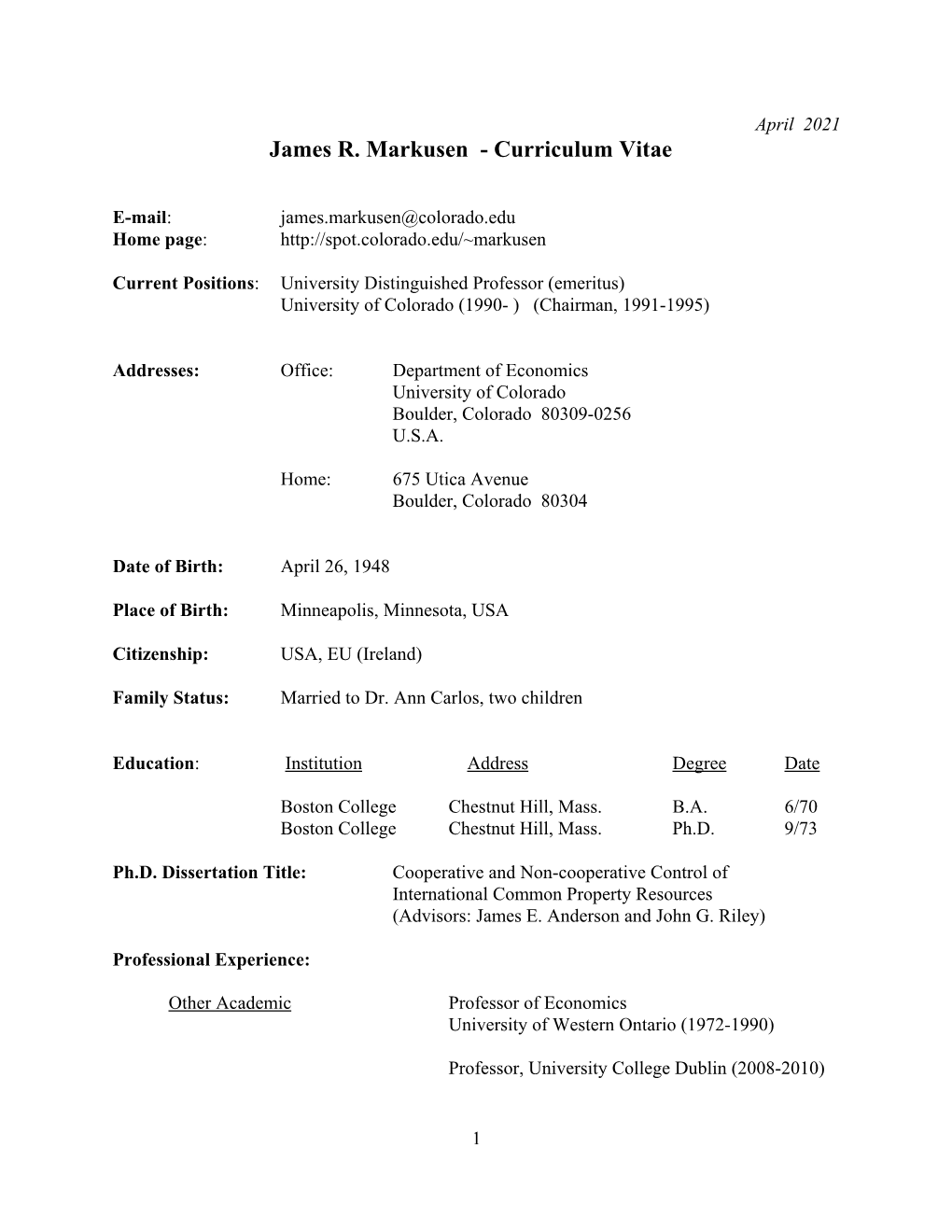 James R. Markusen - Curriculum Vitae