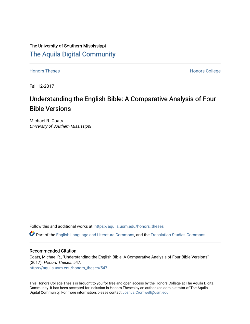 Understanding the English Bible: a Comparative Analysis of Four Bible Versions