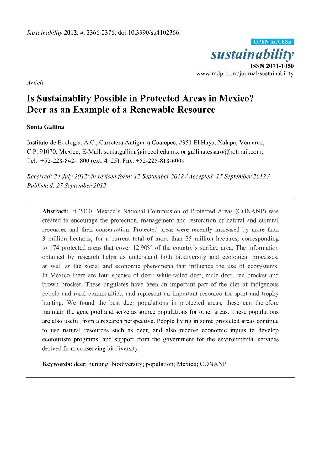 Is Sustainablity Possible in Protected Areas in Mexico? Deer As an Example of a Renewable Resource