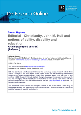 Christianity, John M. Hull and Notions of Ability, Disability and Education Article (Accepted Version) (Refereed)
