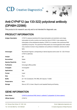Anti-CYP4F12 (Aa 133-322) Polyclonal Antibody (DPABH-22566) This Product Is for Research Use Only and Is Not Intended for Diagnostic Use