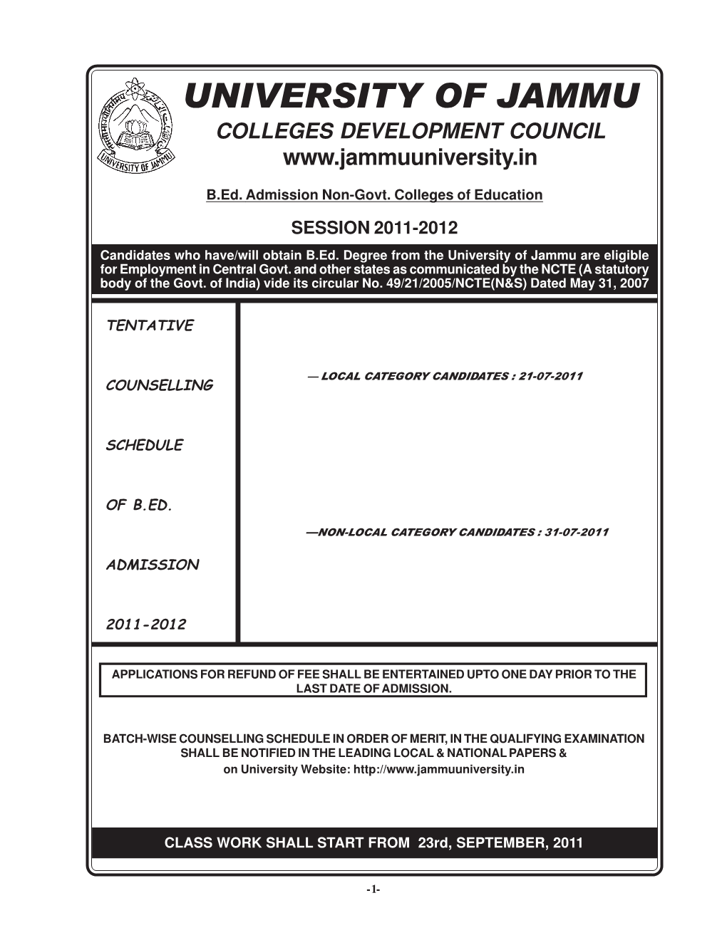 Non-Govt. Colleges of Education SESSION 2011-2012 Candidates Who Have/Will Obtain B.Ed