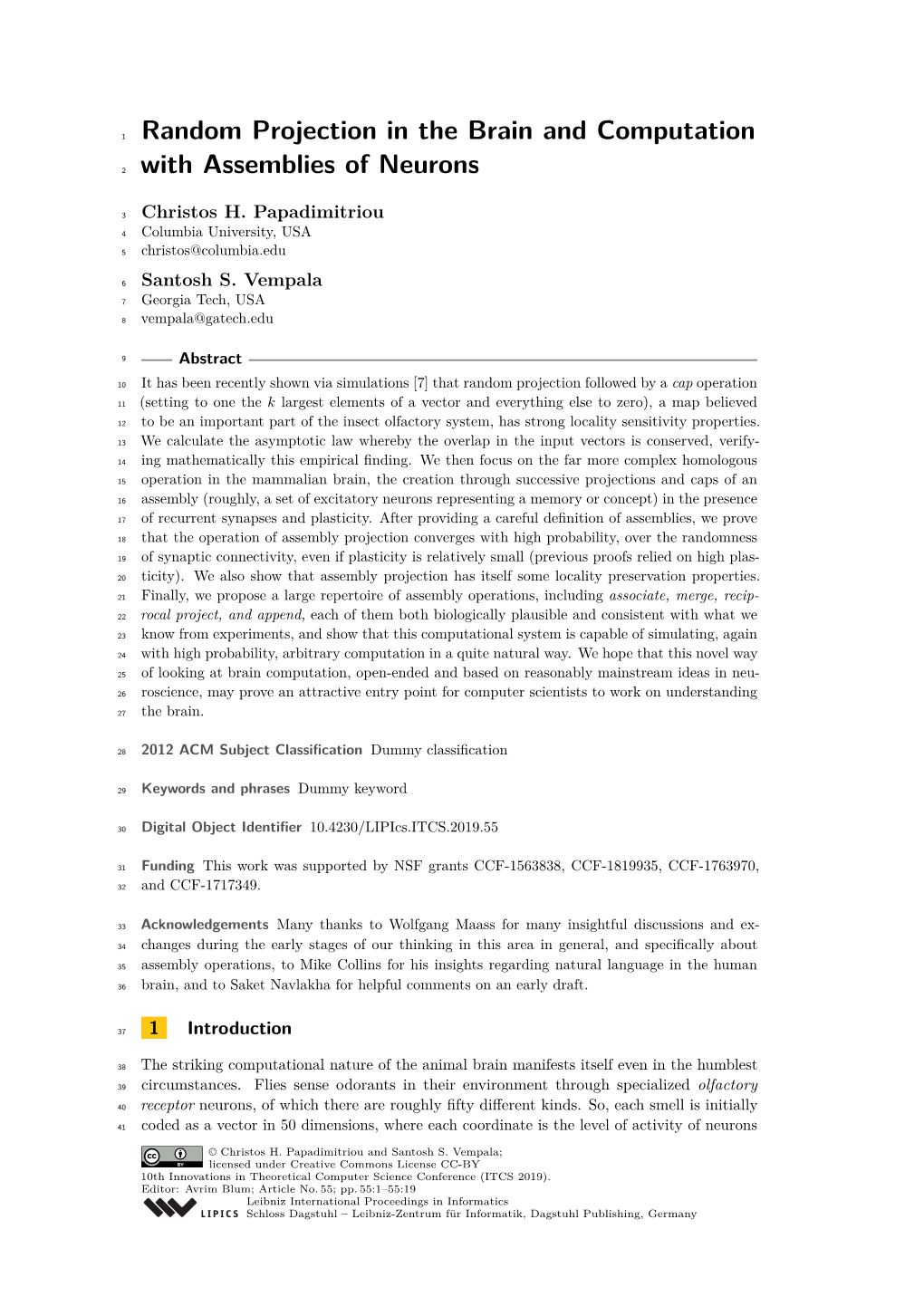 Random Projection in the Brain and Computation with Assemblies Of