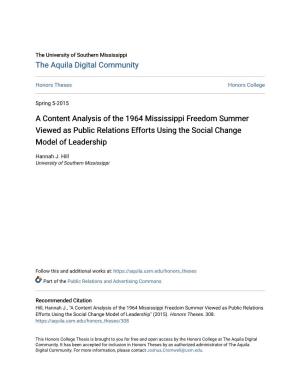 A Content Analysis of the 1964 Mississippi Freedom Summer Viewed As Public Relations Efforts Using the Social Change Model of Leadership