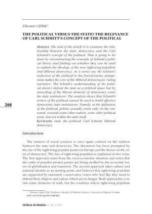 The Political Versus the State? the Relevance of Carl Schmitt's Concept