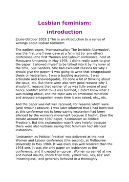 Lesbian Feminism: Introduction [June-October 2003:] This Is an Introduction to a Series of Writings About Lesbian Feminism