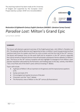 Paradise Lost: Milton's Grand Epic