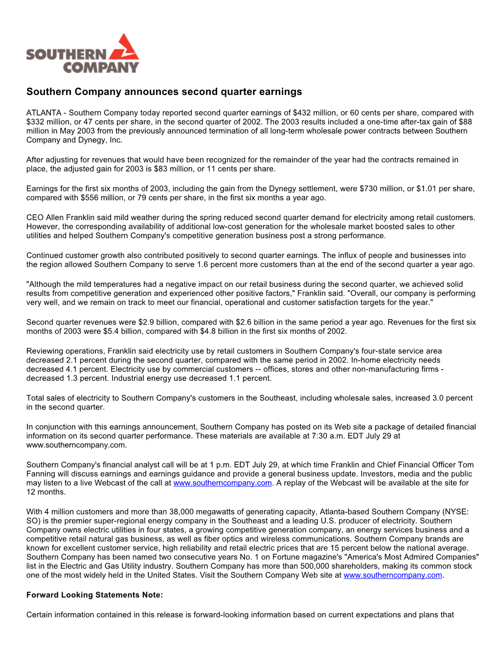 Southern Company Announces Second Quarter Earnings