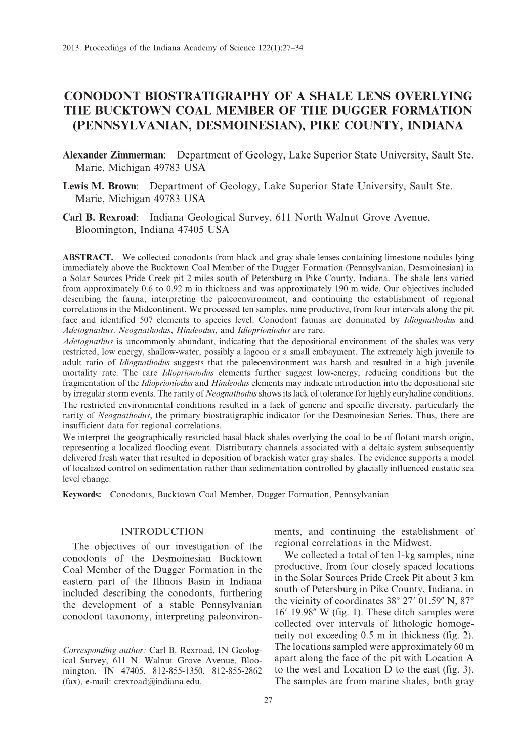 Conodont Biostratigraphy of a Shale Lens Overlying the Bucktown Coal Member of the Dugger Formation (Pennsylvanian, Desmoinesian), Pike County, Indiana