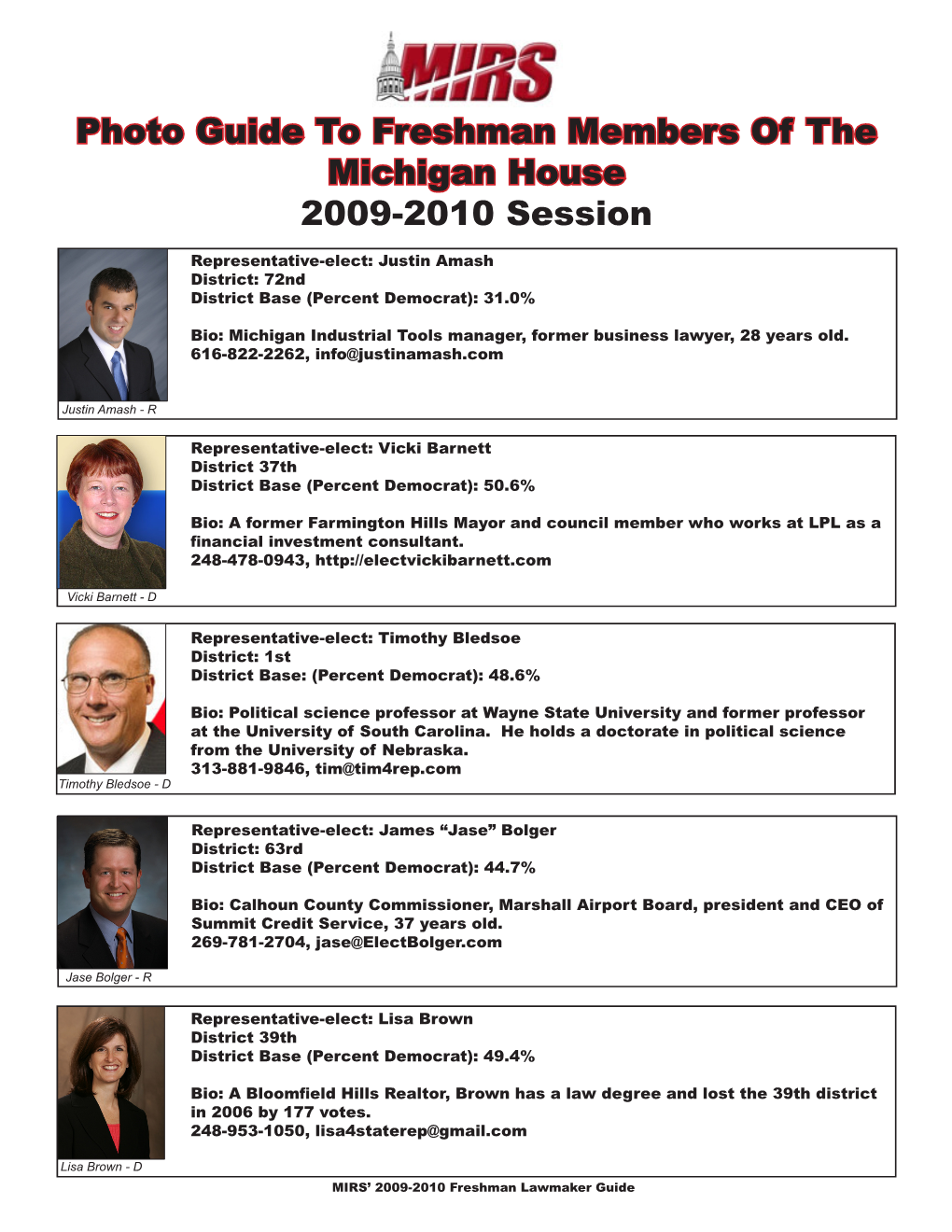 Photo Guide to Freshman Members of the Michigan House 2009-2010 Session