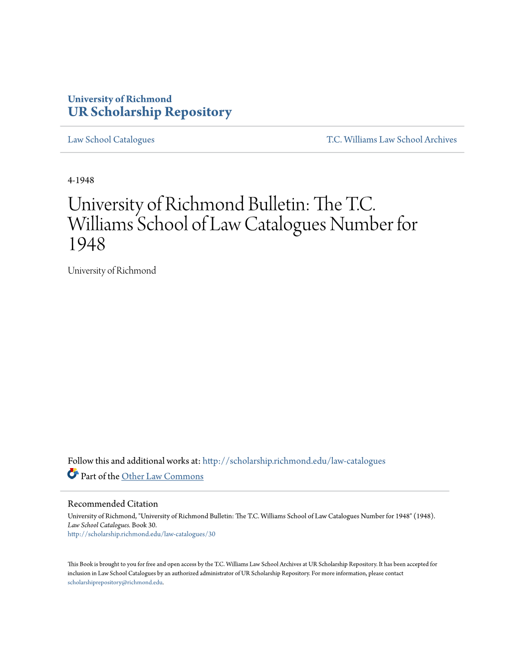 The TC Williams School of Law Catalogues Number for 1948