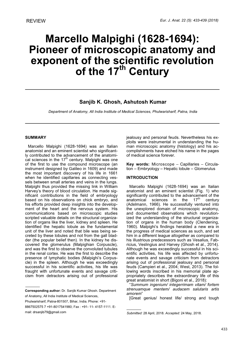 Marcello Malpighi (1628-1694): Pioneer of Microscopic Anatomy and Exponent of the Scientific Revolution of the 17Th Century