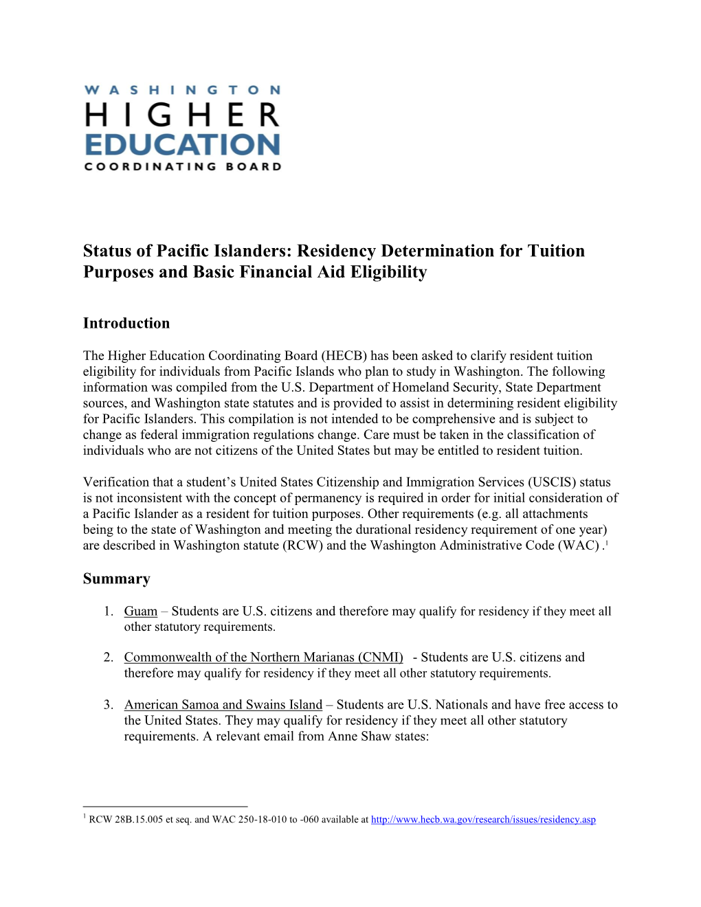 Status of Pacific Islanders: Residency Determination for Tuition Purposes and Basic Financial Aid Eligibility