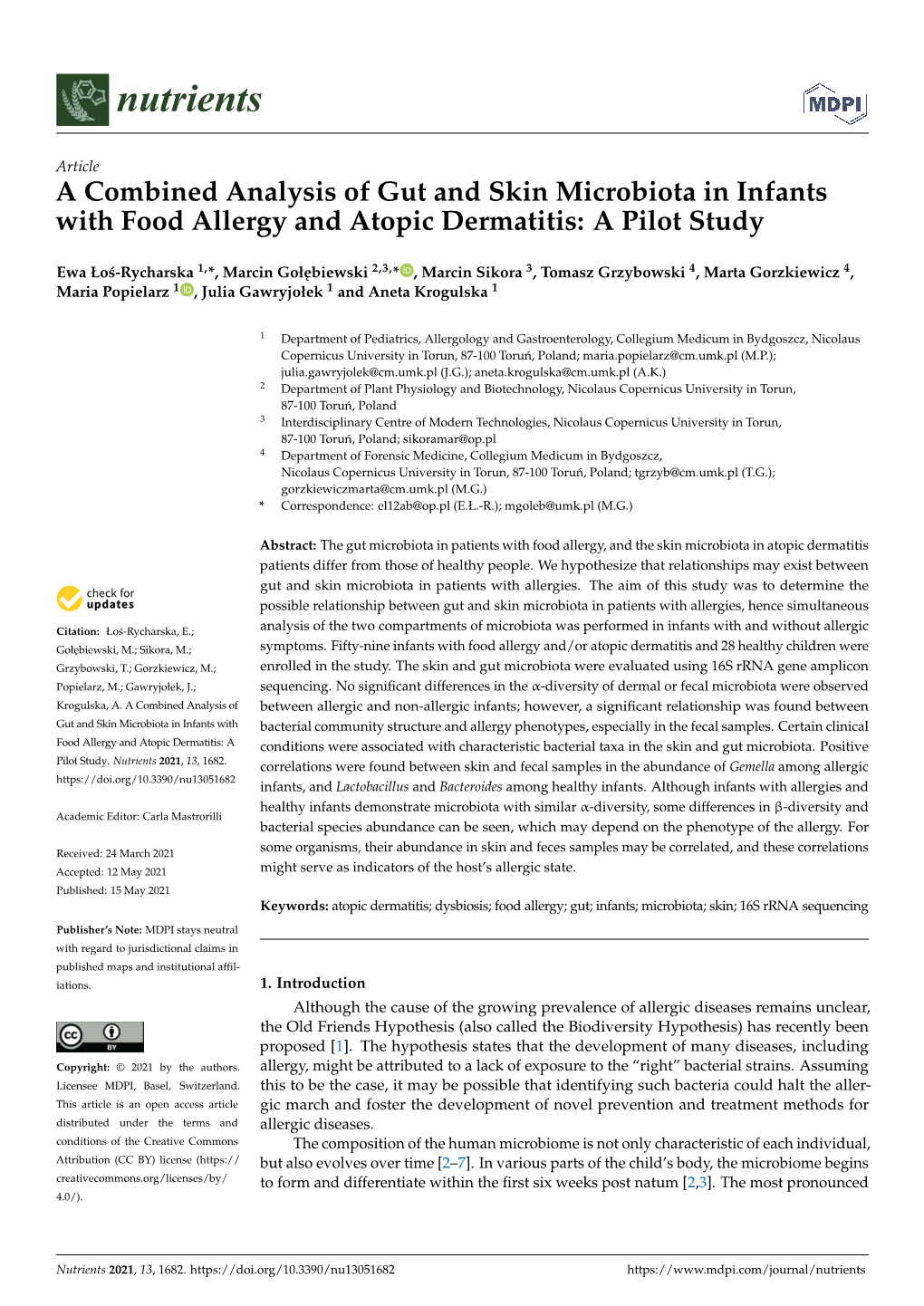 A Combined Analysis of Gut and Skin Microbiota in Infants with Food Allergy and Atopic Dermatitis: a Pilot Study