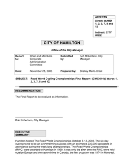 Road World Cycling Championships Final Report- (Cm03014b) Wards 1, 2, 3, 7, 8 and 12)