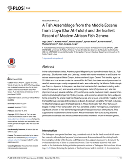 A Fish Assemblage from the Middle Eocene from Libya (Dur At-Talah) and the Earliest Record of Modern African Fish Genera