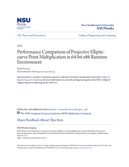 Performance Comparison of Projective Elliptic- Curve Point Multiplication in 64-Bit X86 Runtime Environment Ninh Winson Nova Southeastern University, Winston@Ninh.Org