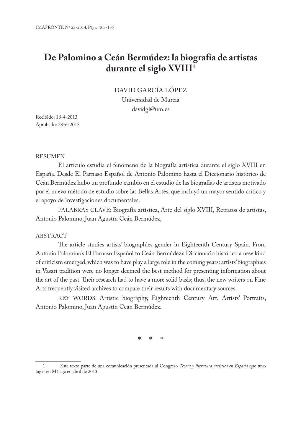 De Palomino a Ceán Bermúdez: La Biografía De Artistas Durante El Siglo XVIII1