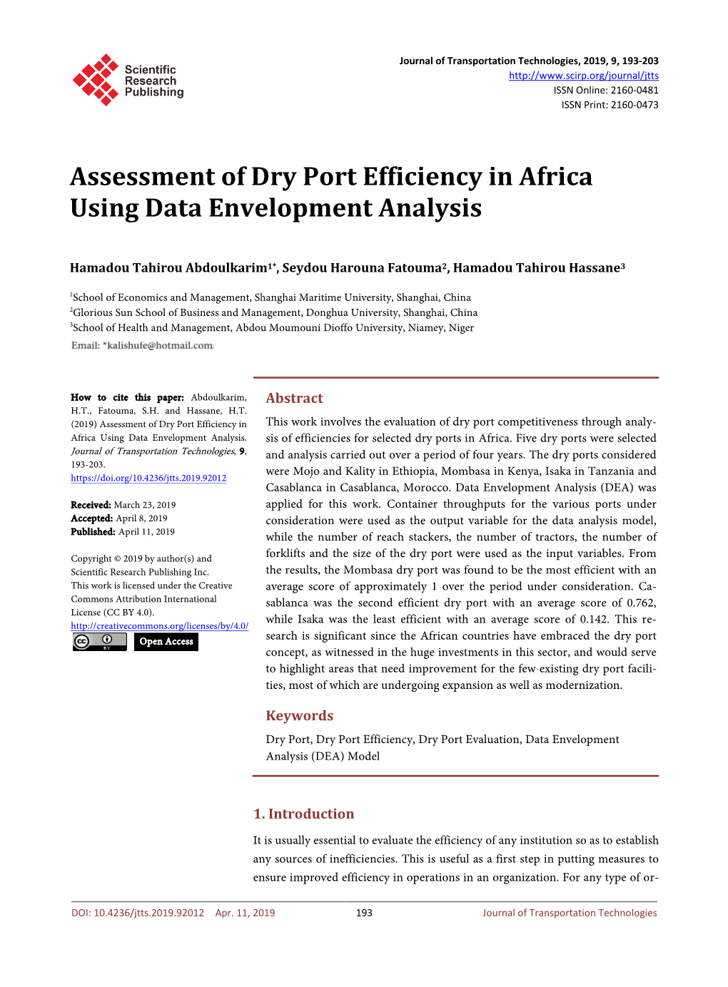 Assessment of Dry Port Efficiency in Africa Using Data Envelopment Analysis