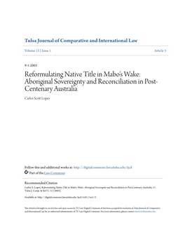 Reformulating Native Title in Mabo's Wake: Aboriginal Sovereignty and Reconciliation in Post- Centenary Australia Carlos Scott Lopez