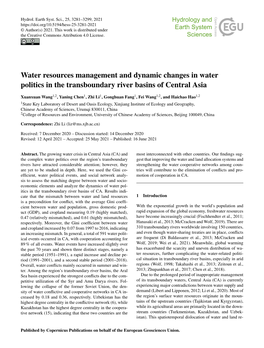 Water Resources Management and Dynamic Changes in Water Politics in the Transboundary River Basins of Central Asia