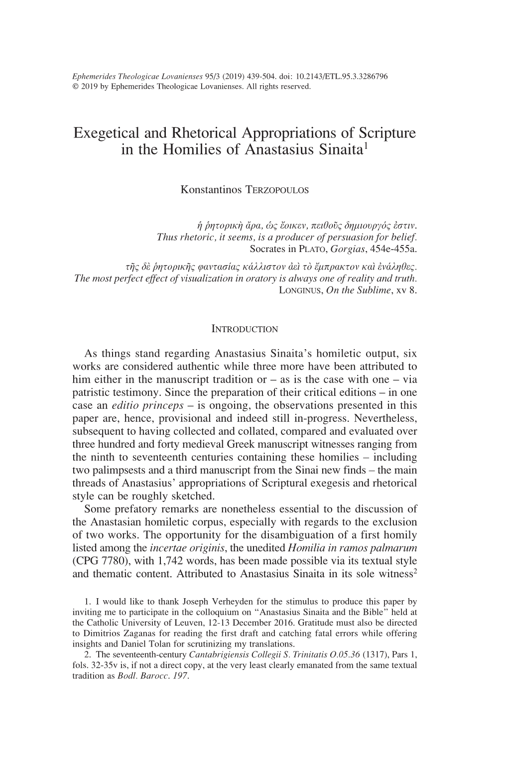 Exegetical and Rhetorical Appropriations of Scripture in the Homilies of Anastasius Sinaita1