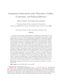Immigration Enforcement Under Federalism: Conﬂict, Cooperation, and Policing Eﬃciency∗