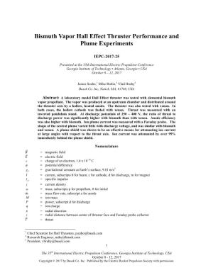 Bismuth Vapor Hall Effect Thruster Performance and Plume Experiments