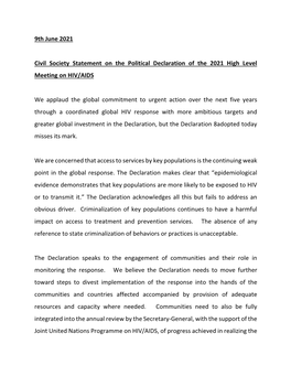 9Th June 2021 Civil Society Statement on the Political Declaration