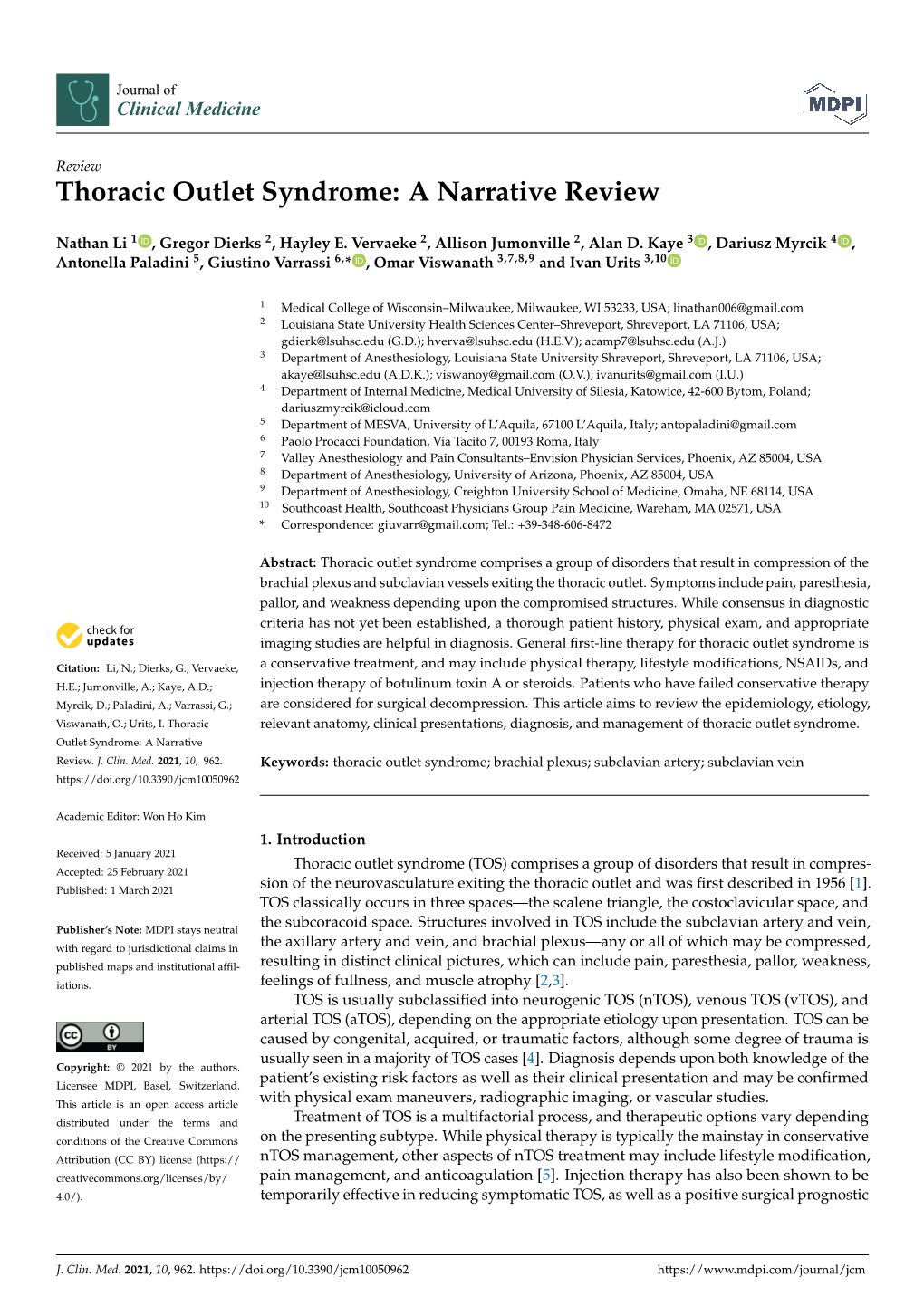 Thoracic Outlet Syndrome: a Narrative Review