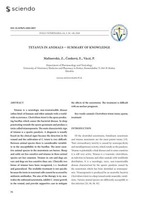 TETANUS in ANIMALS — SUMMARY of KNOWLEDGE Malinovská, Z