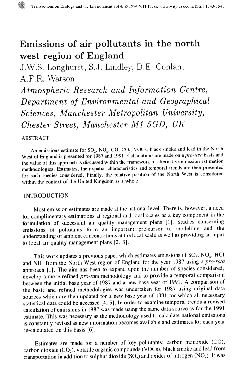 Emissions of Air Pollutants in the North West Region of England J.W.S