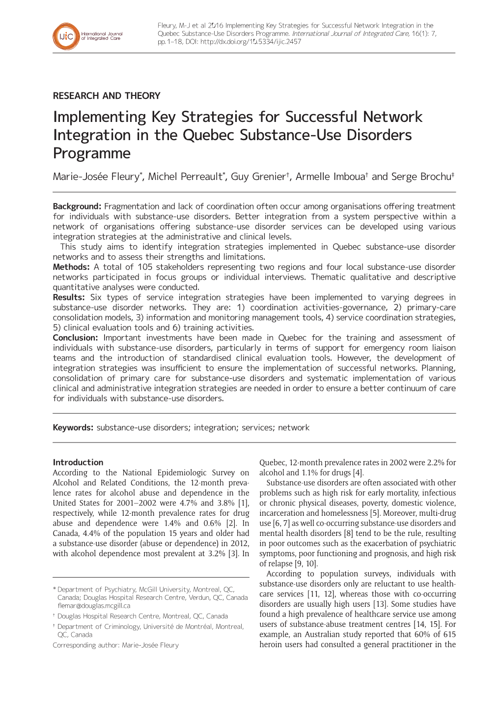 Implementing Key Strategies for Successful Network Integration in the Quebec Substance-Use Disorders Programme