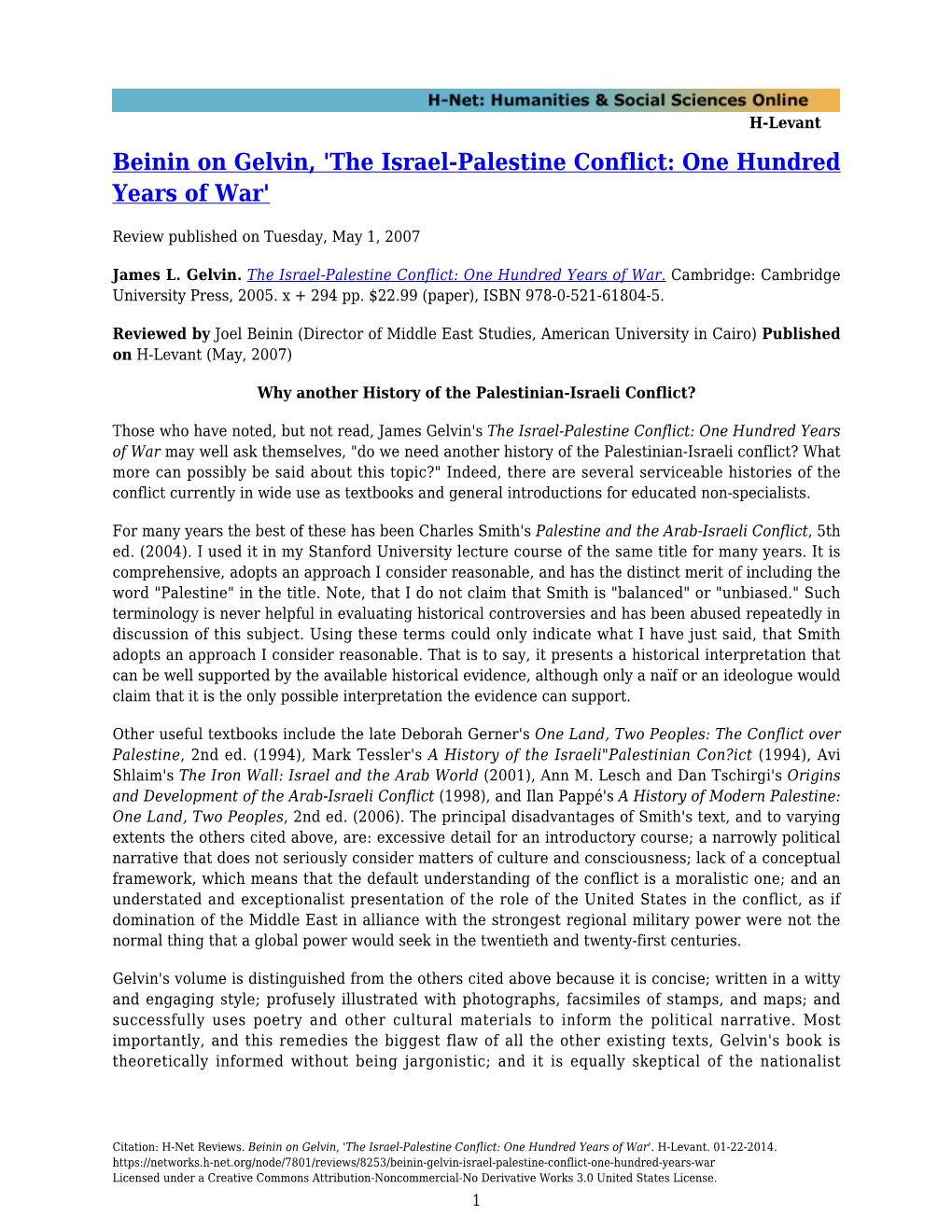 Beinin on Gelvin, 'The Israel-Palestine Conflict: One Hundred Years of War'