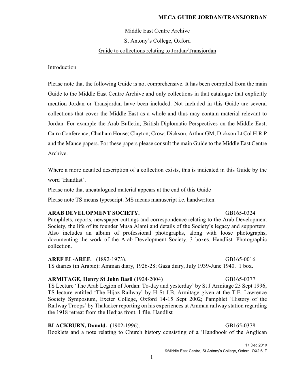 MECA GUIDE JORDAN/TRANSJORDAN 1 Middle East Centre Archive St Antony's College, Oxford Guide to Collections Relating to Jordan